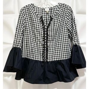 Cupio Womens Sz M Black White Gingham Pom Fringe Peplum Bell Sleeve Blouse Top